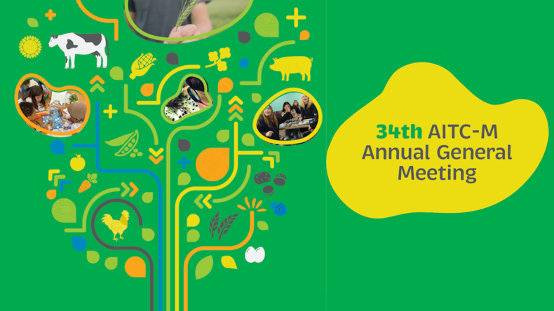 34th AITC-M Annual General Meeting graphic with green background photos of students, and crop and livestock graphics