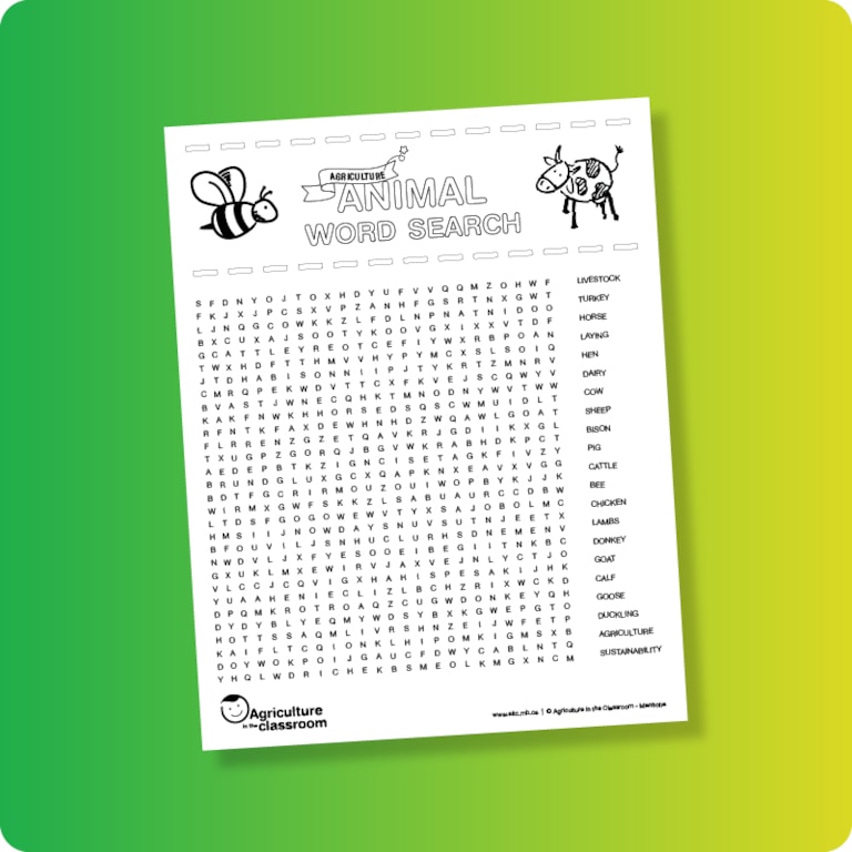 Agriculture animal word search work sheet on green and yellow gradient background