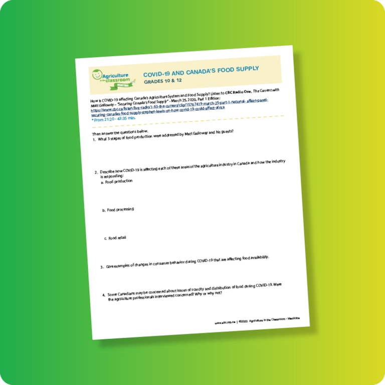 COVID-19 and Canada's Food Supply worksheet page on green and yellow gradient background