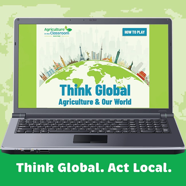 Think Global resource graphic on laptop with green background