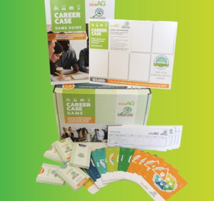 Graphic containing contents of Career Case game, including cards, playing sheets, and box.