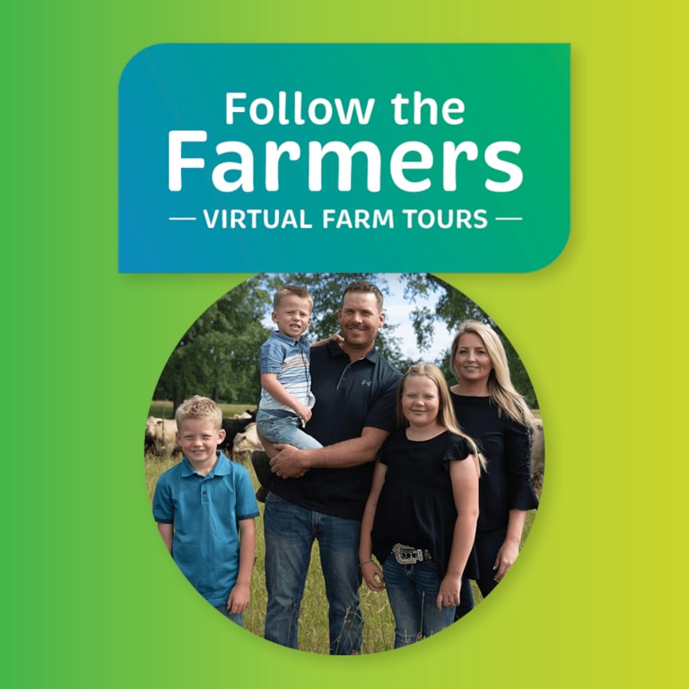 Follow the Farmers wordmark logo with an image of Andre Steppler and his family below