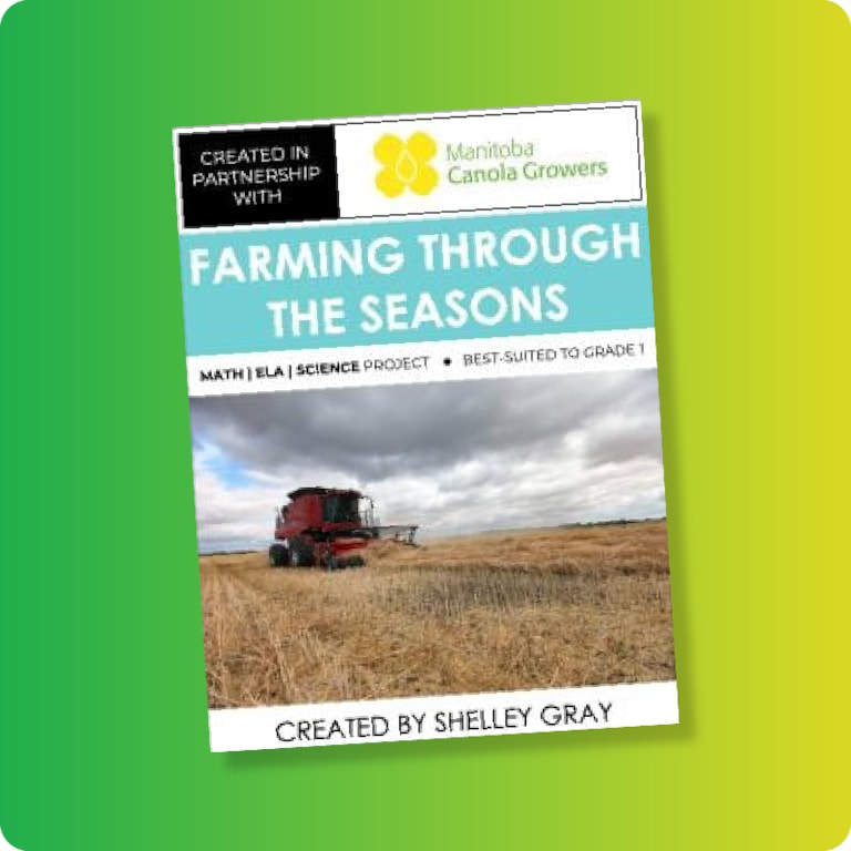Farming through the Seasons teacher guide cover on green and yellow gradient background