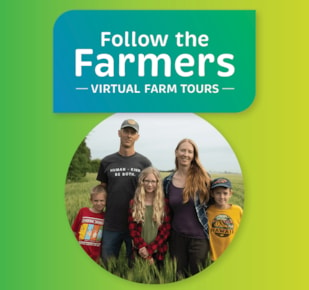 Follow the Farmers wordmark logo with an image of Jason Rempel and his family below