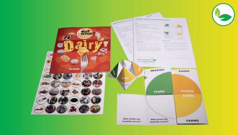 Healthy Foods From Healthy Farms materials spread on black background, including fortune teller and folding plate activity sheets